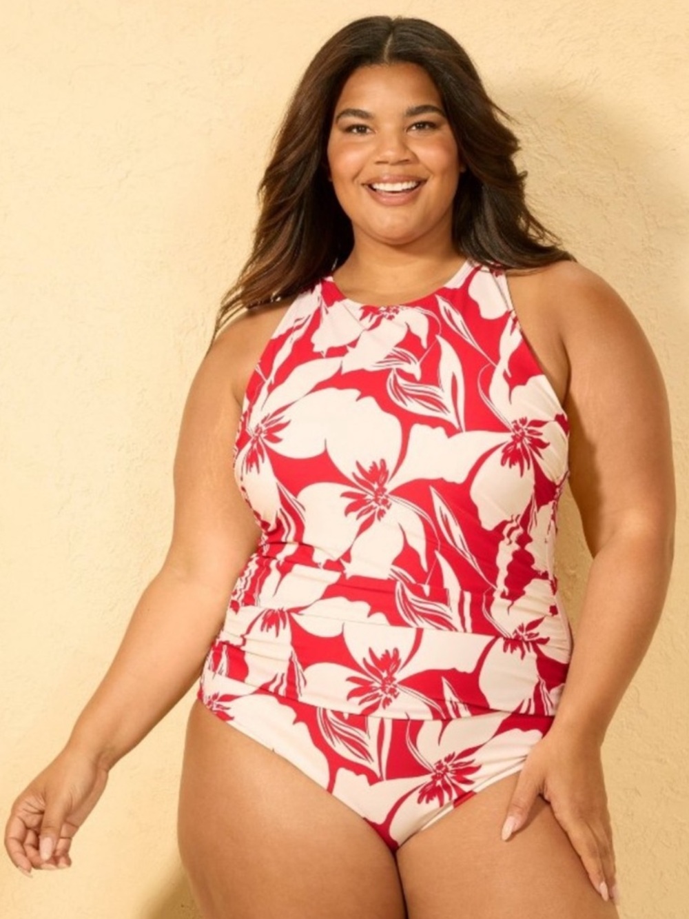 Shade & Shore Floral Red and Cream Slip one piece swimsuit 17 Medium Coverage